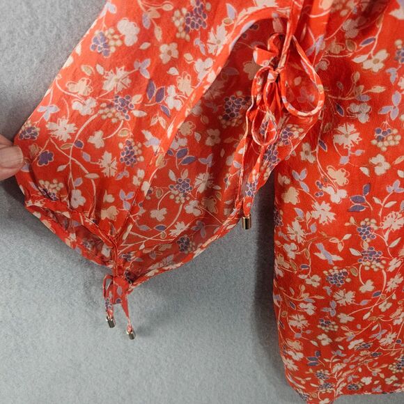 Veronica Beard Flyn Bow Silk Blouse Sz 6 Tie Sleeves Red Floral Boho Summer - Picture 6 of 7